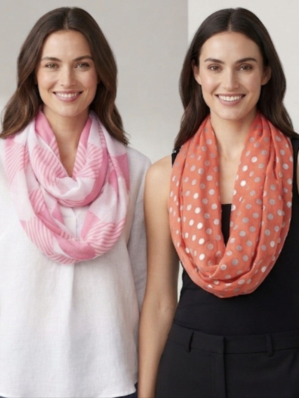 Set of 2 Fashion Scarves Coral Polka Dot & Pink Plaid Lightweight Accessories